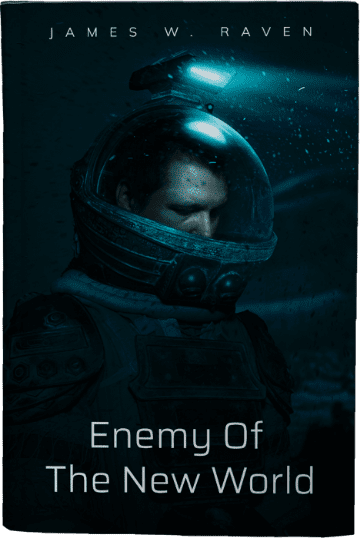 Astronaut in a helmet immersed in a dark, underwater-like environment.