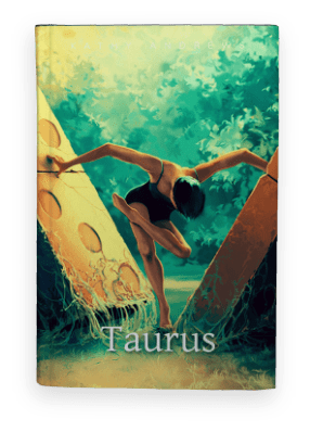 A graceful dancer performing amid large cheese wedges under a bright sky, symbolizing Taurus.