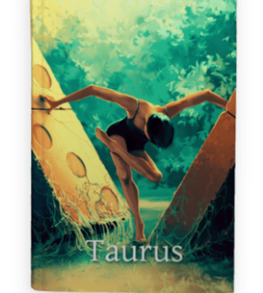 A graceful dancer poses between giant cheese wedges under a vibrant sky, labeled Taurus.