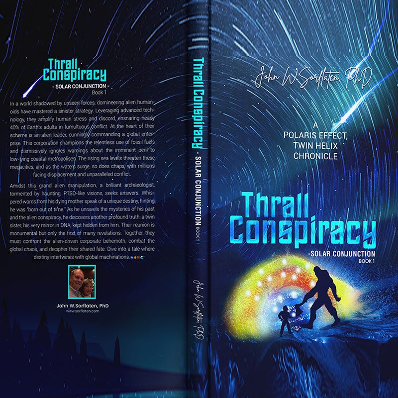 Cover of 'Thrall Conspiracy' featuring a sci-fi figure and cosmic background.