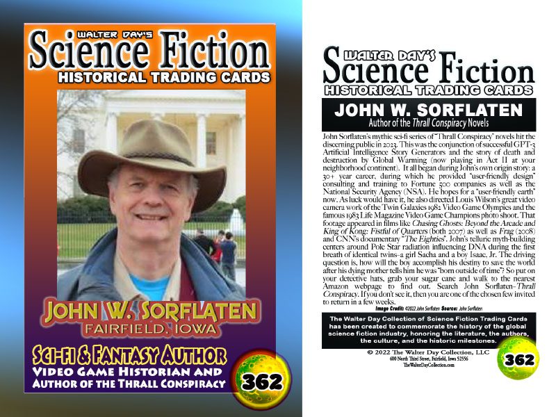 Front and back cover of a science fiction historical trading card featuring John W. Sorflaten.